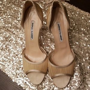 MANOLO BLAHNIK Beige Peeptoe Sedaraby Stilettos 41